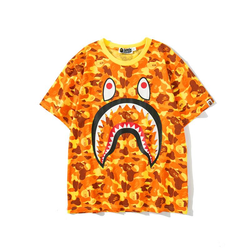 Shark Print T Shirt Orange Camouflage T-shirt Summer Short Sleeve