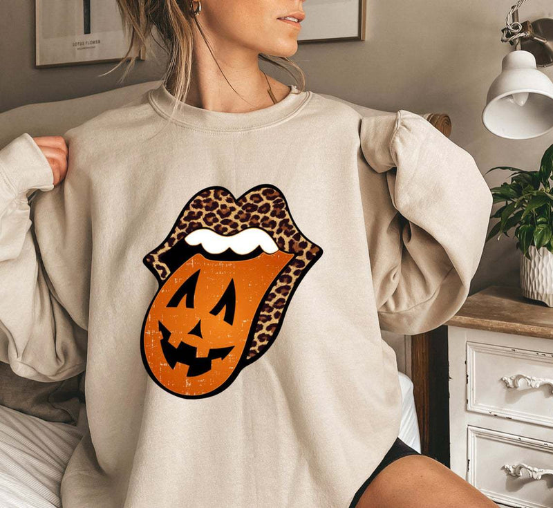 Halloween Costumes Lips Leopard Pumpkin Pumpkin Printed Crew Neck Sweatshirt Female