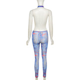 Summer women's sexy backless mesh printed high waist tight casual sports jumpsuit
