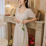 Women cottagecore Dress Summer Retro White Square-Cut Collar Dress
