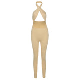 Summer women's sexy backless halter solid color high waist tight casual sports jumpsuit