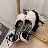 Nude Pumps Block Heel Bow Retro Sandals