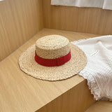 Straw Hat Raffia Flat-Top Cap Summer Sun Protection for Children Beach Straw Hat