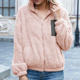 Women Sherpa Jacket Autumn And Winter Double-Sided Velvet Short Color Stitching Zipper Cardigan Fleece Sweatshirt Jacket Coat