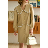 Work Dresses for Teachers Vintage Lace Trim Long Sleeve Dress Autumn