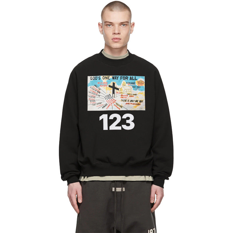 Rrr123 Sweatshirt Retro Graffiti Printing Loose round Neck Fleece-Lined Sweater