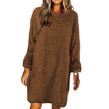 Work Dresses for Girls Autumn and Winter Solid Color Comfortable Plush Long Sleeve round Neck Loose Dress