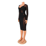 Kesha Black Dress Women's Fashion Sexy Mesh Stitching See-through Tied Dress