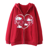 Skeleton Hoodie Winter Fleece Women's Long Sleeve Hoodie Heart-Shaped Clothes Printed Zipper
