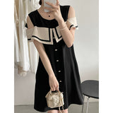 Kim Kardashian Marilyn Monroe Dress Summer round Neck Solid Color Women's off-the-Shoulder Contrast Color Dress Vintage Skirt