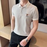 Men Polo Shirts Striped Embroidered Half Sleeve Lapel T-shirt
