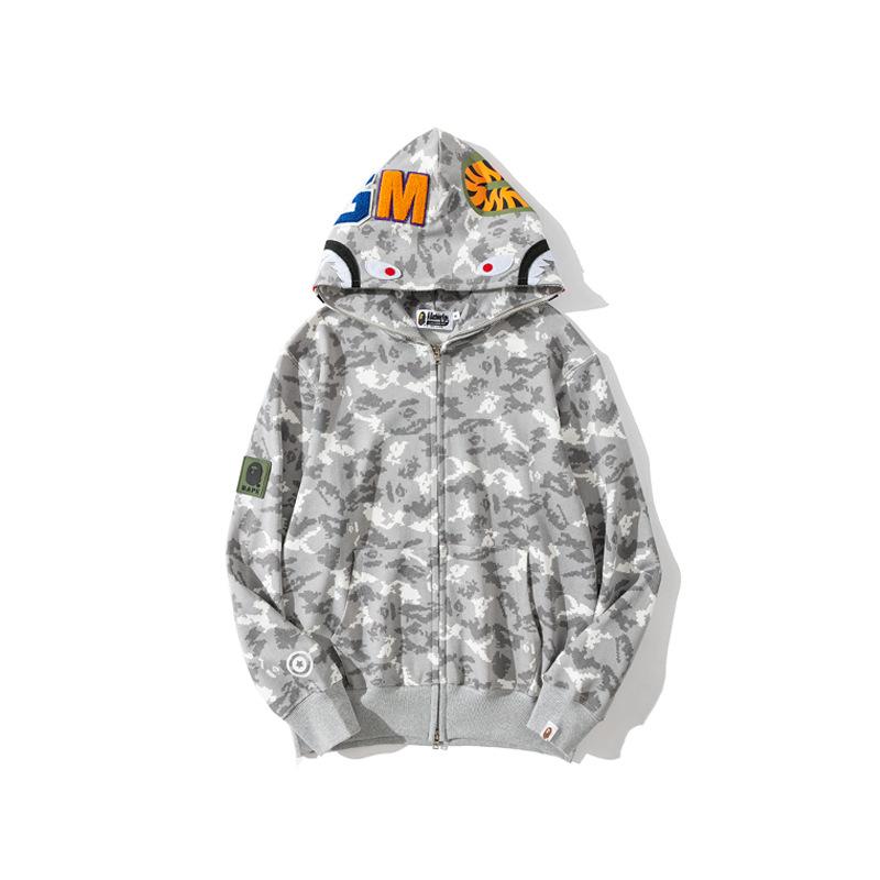 Shark Print Hoodie Spring and Autumn Shark Head Embroidery Digital Pixels Camouflage Hooded Sweater Terry Coat