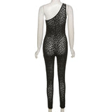 Summer Women's Sexy Mesh Flocking Leopard Print One-Shoulder High Waist Tight Sports Jumpsuit