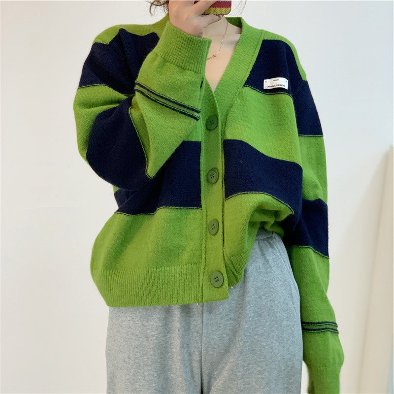 Preppy Aesthetic Outfits V-neck Striped Sweater Coat Women Autumn Cardigan Long Sleeve Top