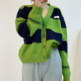 Preppy Aesthetic Outfits V-neck Striped Sweater Coat Women Autumn Cardigan Long Sleeve Top