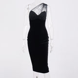 Bella Hadid Dress Sexy One-Shoulder Bright Silk Stitching Dress