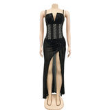 Emily Ratajkowski Dress Rhinestone Sequin Mesh Sexy Sleeveless Split Dress