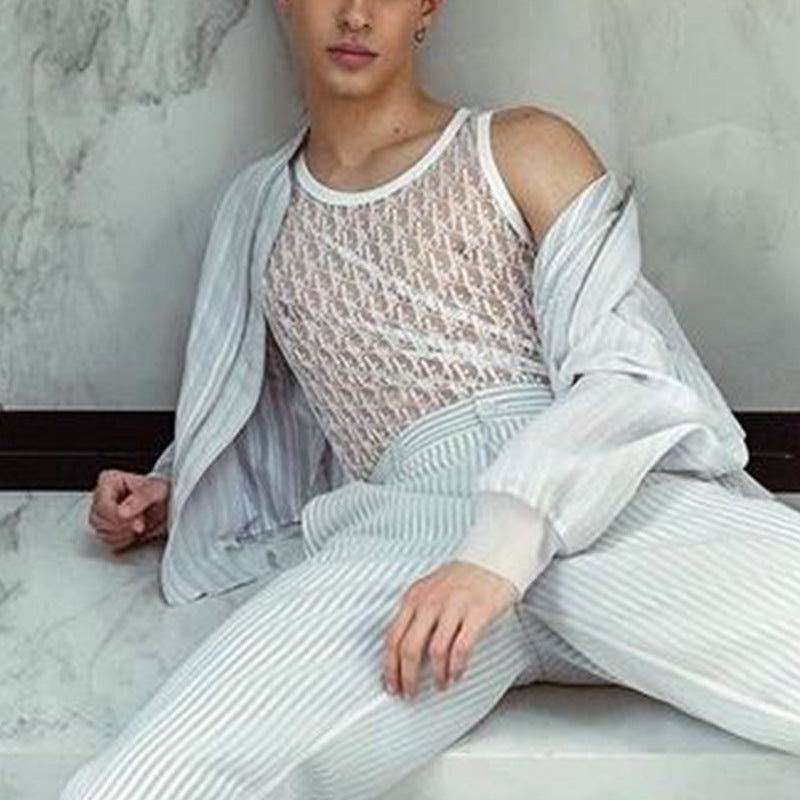 Rave Outfits Mens Vest Stretch Knitted Hollow Out Base Clothing