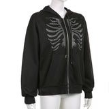 Skeleton Hoodie Sternum Rhinestone Zipper Hooded Loose Sweater
