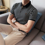 Men Polo Shirts Stretch Knitted Cotton Embroidered Slim Lapel T-shirt Striped Short Sleeve