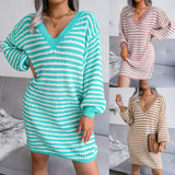 Sweater Dress Outfit With Tights 2 Pieces Set Autumn and Winter Striped Hollow out Woolen Skirt Knitted Dress