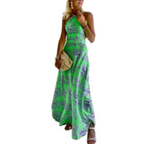 Women Bohemian Dress Summer Slim Fit Backless Printed Long Dress