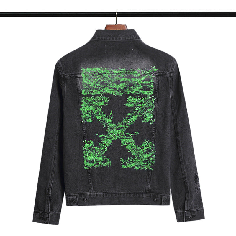 Off White Winter Coat Autumn Grass Arrow Pattern Casual Denim Jacket Men and Women