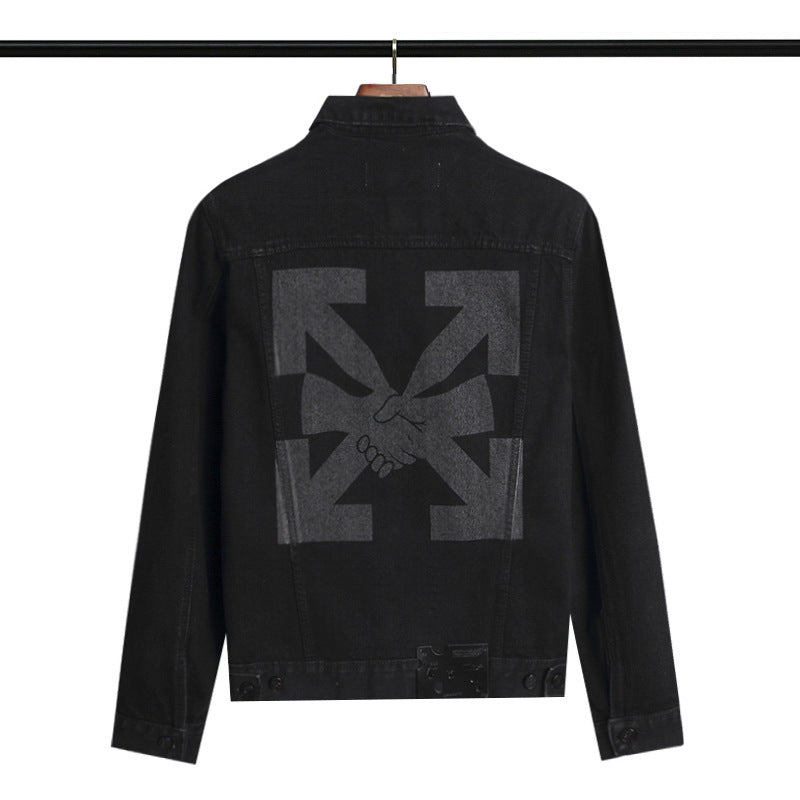 Off White Winter Coat Spring and Autumn Black Arrow Pattern Denim Jacket