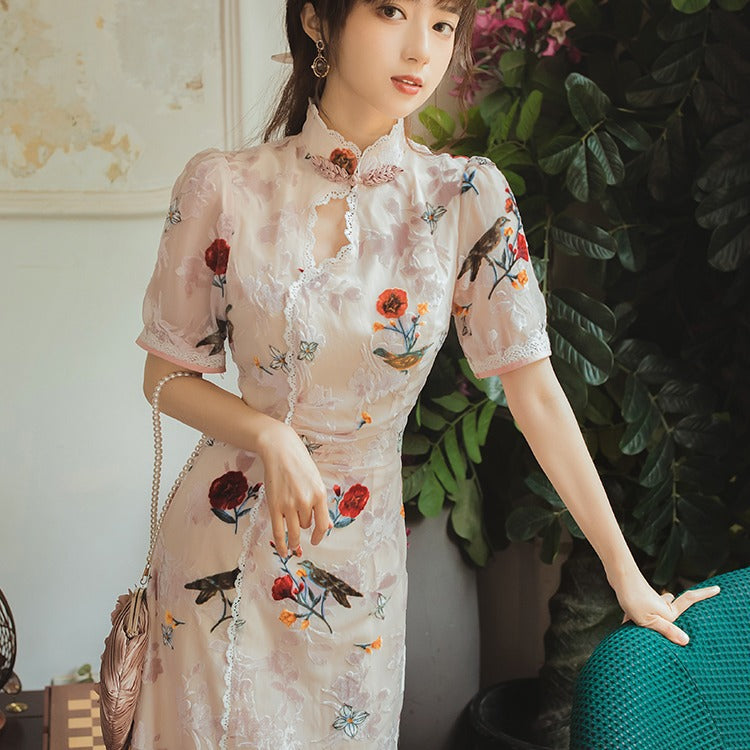 Women cottagecore Dress Retro Short Sleeve Embroidery Summer