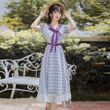 Women Cottagecore Dress Purple Checks Dress