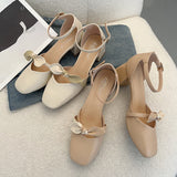 Nude Pumps Block Heel Bowknot Mary Jane Leather Shoes