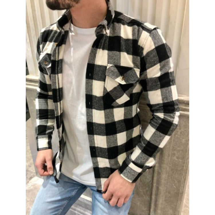Mens Flannel Jacket Plaid Shirt Outer Wear Slim-Fit Long-Sleeved Shirt For Men