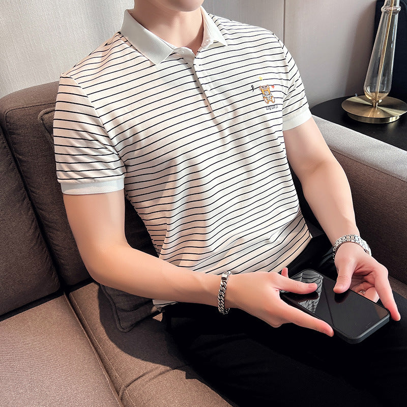 Men Polo Shirts Striped Embroidered Half Sleeve Lapel T-shirt