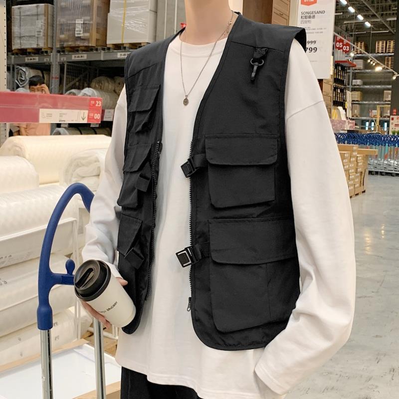 Men Utility Vest Work Zipper Tactical Work Vest Slim Pocket Jacket Tactical Vest Hip-Hop Fashion Vest Coat