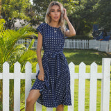 Work Dresses for Teachers Summer Polka Dot round Neck Short Sleeve Lace-up Pleating Dress for Women
