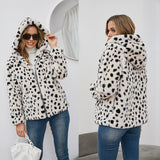 Women Dalmatian Coat Leopard Print Stud for Autumn and Winter Coat Loose Hooded Lambswool