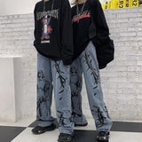 Anime Print Jeans Denim Pants Men Baggy Straight Trousers