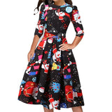 Work Dresses for Teachers Christmas Slimming Printed round Neck 3/4 Sleeves Large Swing Dress