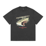 Present T Shirt Shark Print Distressed Loose Heavy Cotton