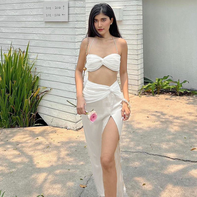 Women Top & Skirt 2 Piece Set Summer Vest Slit Skirt Casual Suit