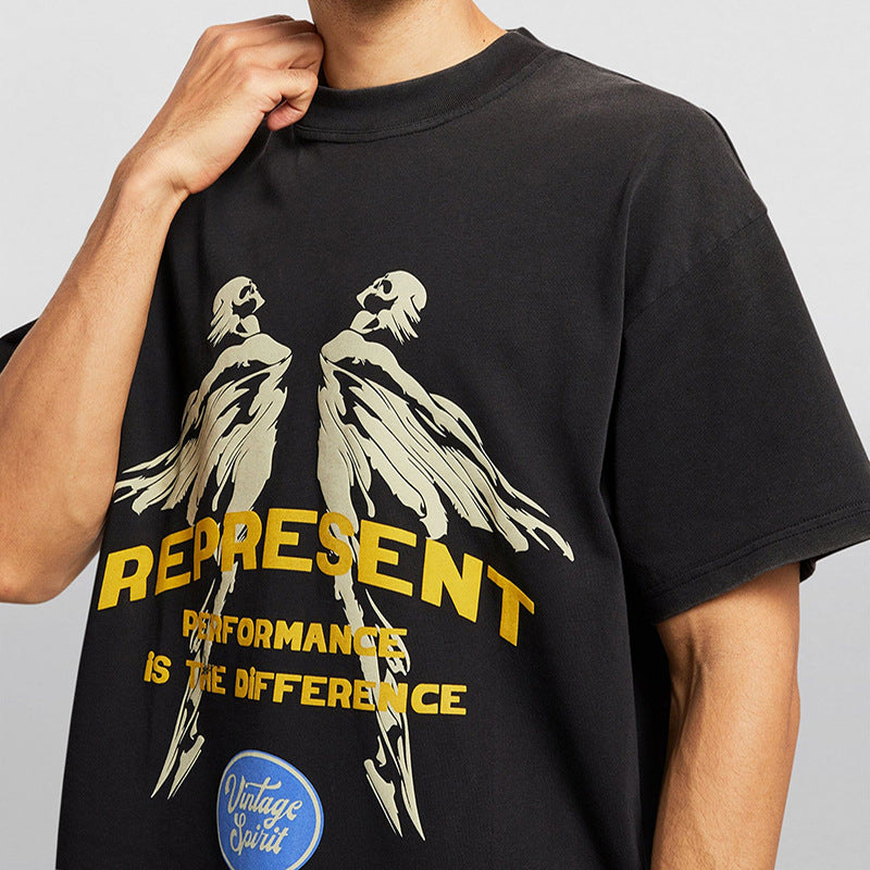 Present T Shirt Angel Print Distressed Loose Couple