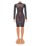 Kesha Black Dress Women's Fashion Sexy Mesh See-through Long Sleeve Nightclub Hot Rhinestone Dress