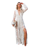 Semi Formal Dresses for Wedding Women's Lace Long Sleeve V-neck Solid Color Summer Dress