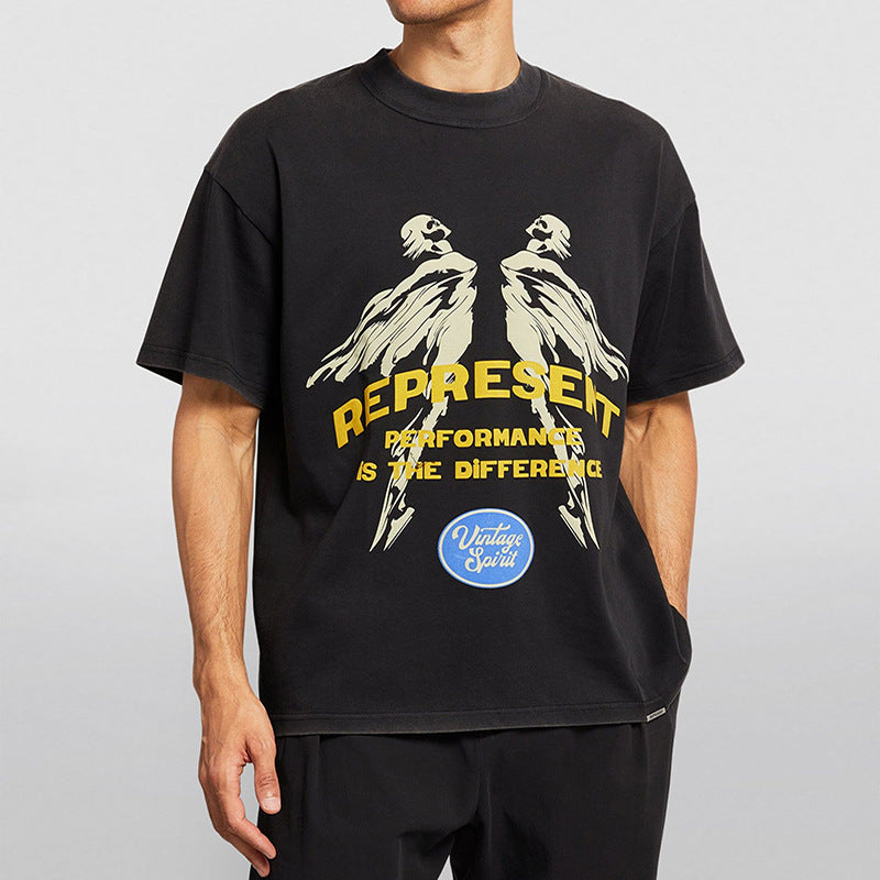 Present T Shirt Angel Print Distressed Loose Couple