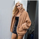 Women Sherpa Jacket Long Sleeve Warm Cardigan Autumn and Winter Loose Lambswool Turn-down Collar Coat