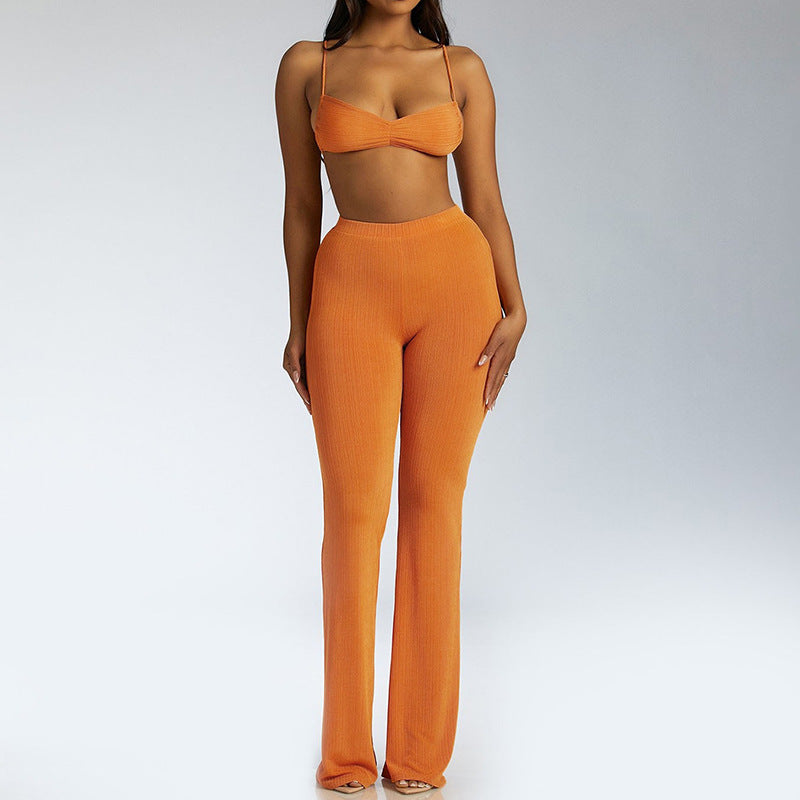Women Top & Pant 2 Piece Set Summer Backless Underwaist High Waist Sheath Straight-Leg Trousers Casual Suit