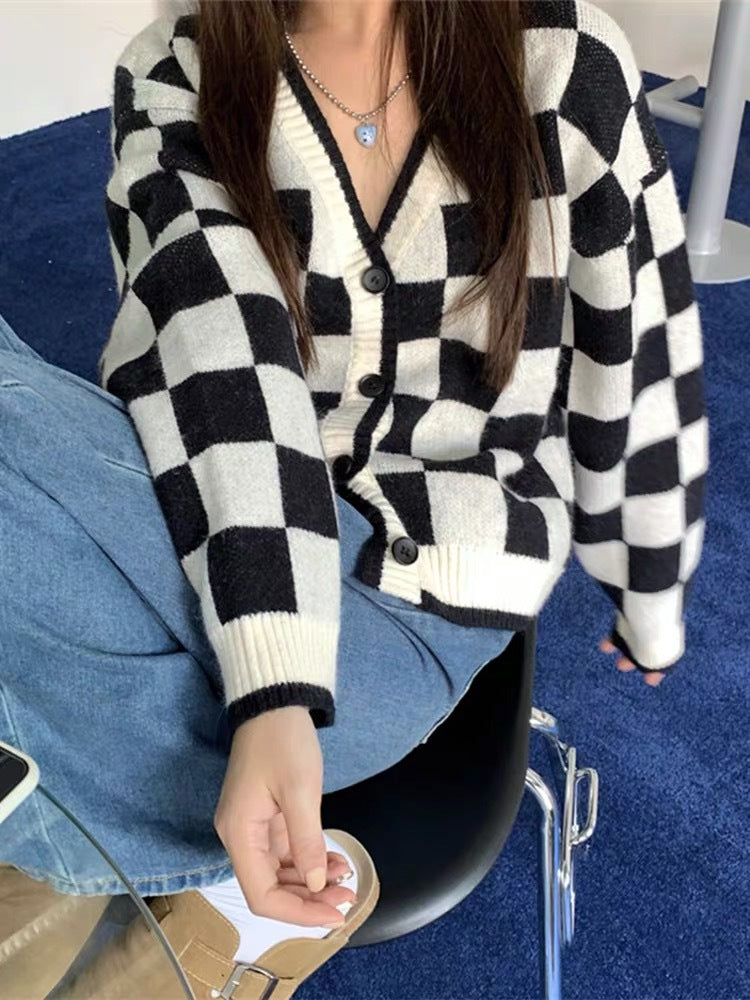 Preppy Aesthetic Outfits Chess Plaid Sweater Coat