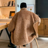 Men's Autumn Winter Coat Stand Collar Plush Cotton Coat with Solid Color