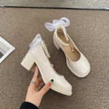 Nude Pumps Block Heel Vintage Bow Leather Shoes