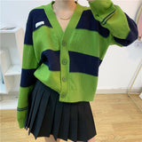 Preppy Aesthetic Outfits V-neck Striped Sweater Coat Women Autumn Cardigan Long Sleeve Top